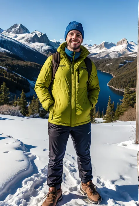 smiling man standing full length in a winter jacket and hat, warm hiking suit , winter, happy tourist in a jacket with a hiking backpack, sportswear, Full length of a man