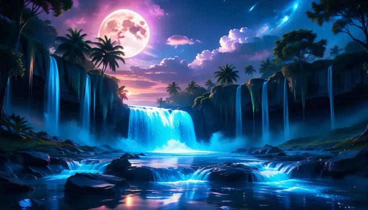 A Masterpiece In 32K Resolution, Supreme Quality, Super Detail, Official Art, Very High-Resolution 32K Wallpaper, Beautiful And Aesthetic, Ultra-Detailed Features, Awe-Inspiring Detail. An Enchanted Moonlit Waterfall - Butterflies Flutter Under The Light O...