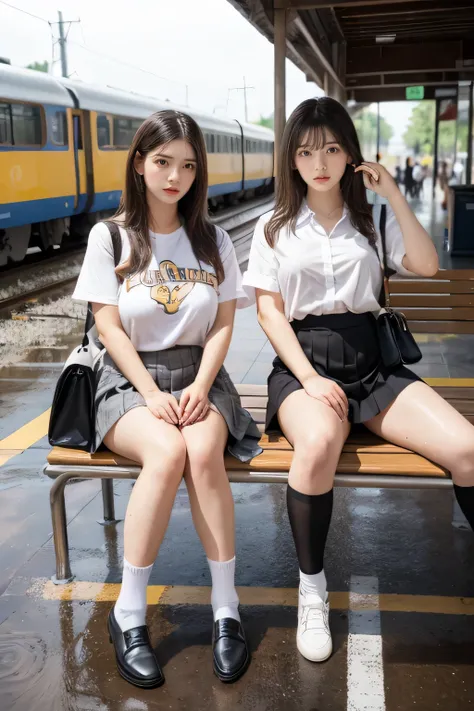 heavy rain, soaked, long hair, looking at viewer, smile, bangs, (Two girls in:1.2), skirt, brown hair, shirt, black hair, short sleeves, brown eyes,  long hair, Wet white browce, pleated skirt, open legs, shoes, socks, striped, hand up, bag, kneehighs, bro...