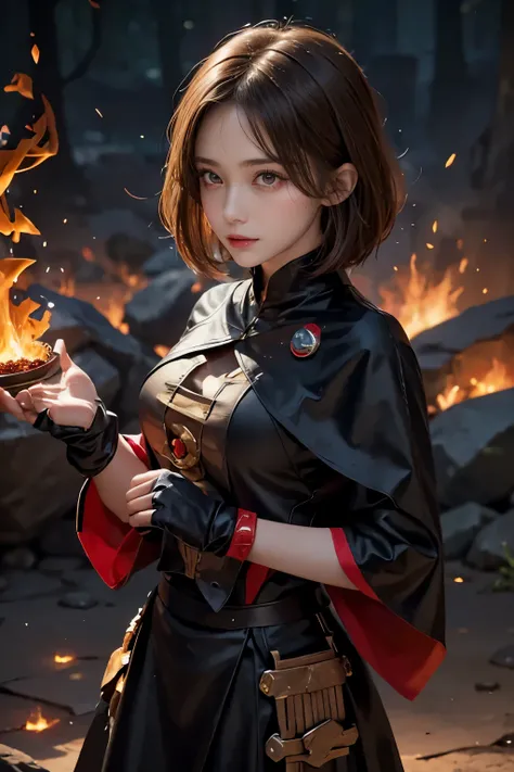 8k, young women, brown hair, short hair, fire witch, witch outfit, witch robe, fire fist, fire power, fire pillars, blazing flames, long gloves, black clothes, glowing eyes, glowing pupils, focused, serious look, looking down on people, death stare, fighti...