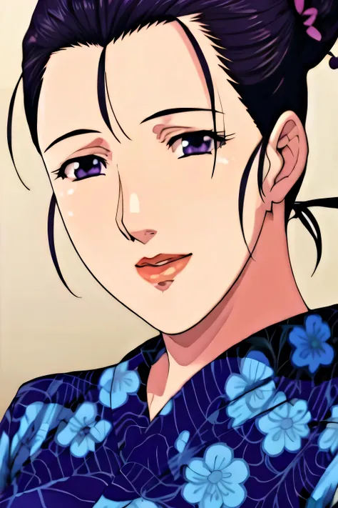 Simple Background,White Background,
purple kimono,floral print,japanese clothes,wide sleeves,long sleeves,
cleavage,
purple eyes, black hair,bangs,hair bun,
1 girl, 20yo,Young female,Beautiful long legs,Beautiful body,
Beautiful Nose,Beautiful character d...