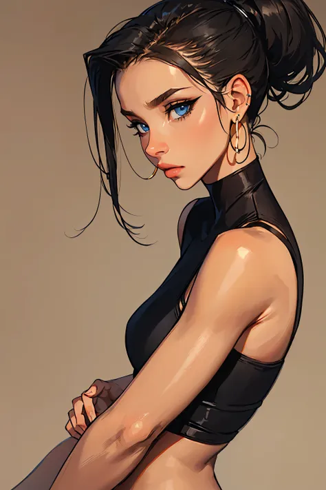 1girl,a beautiful fashion model ,(masterpiece, detailed background, best quality), elegant makeup, hoop earrings, blue eyes, long black ponytail, tan skin, (undercover rogue girl who has been caught and stripped of her clothes)