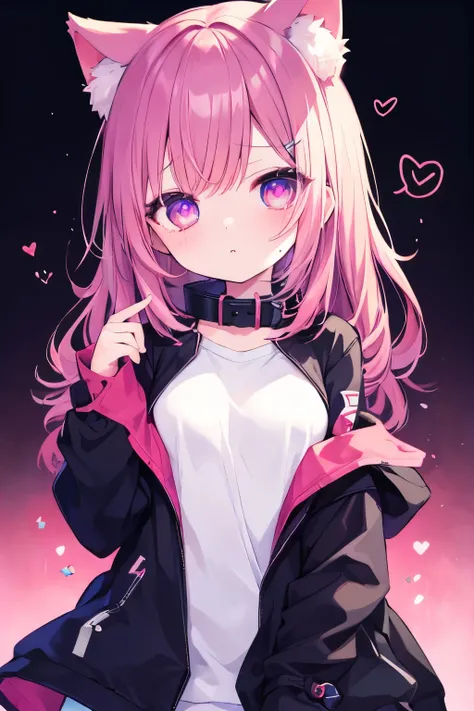 Oversized jacket、Putting on a collar、elementary school girl、,Pink Shortcut,Very beautiful and Shining Eyes、Shining Eyes、1 girl、Small breasts、Cat ears elementary school girl、Very beautiful and Shining Eyes、Shining Eyes、1 person、cat ears、((((()))))、heart❤、((...