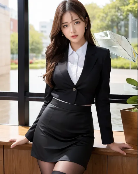 (Best Quality、masterpiece、Official Art、High resolution:1.2)、high definition CG uniform 8K wallpaper、Vivid Photos、Super detailed、(Only Girl:1.2)、woman, ( Detailed Skin :1.2)、secretary、formal, , Wearing a black suit,　 black jacket, (White shirt), black penci...