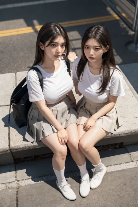 heavy rain, soaked, long hair, looking at viewer, smile, bangs, (two girls in:1.2), brown hair, shirt, black hair, short sleeves...