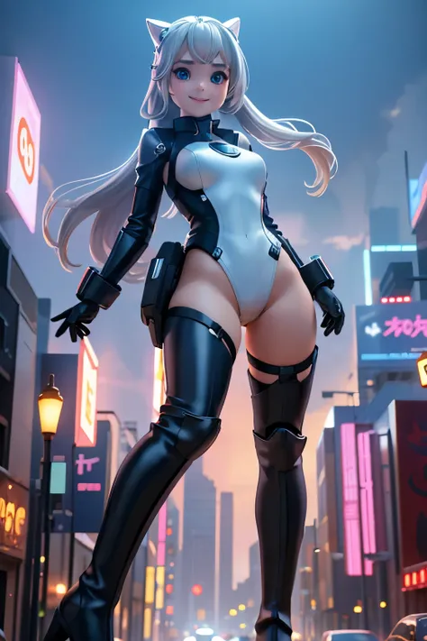  1 girl , solo, High resolution,  sci-fi 、sexy sci-fi silver leotard、Thigh-high boots、Sci-fi style city 、Stand on the road、Round face、Big Eyes、smile、