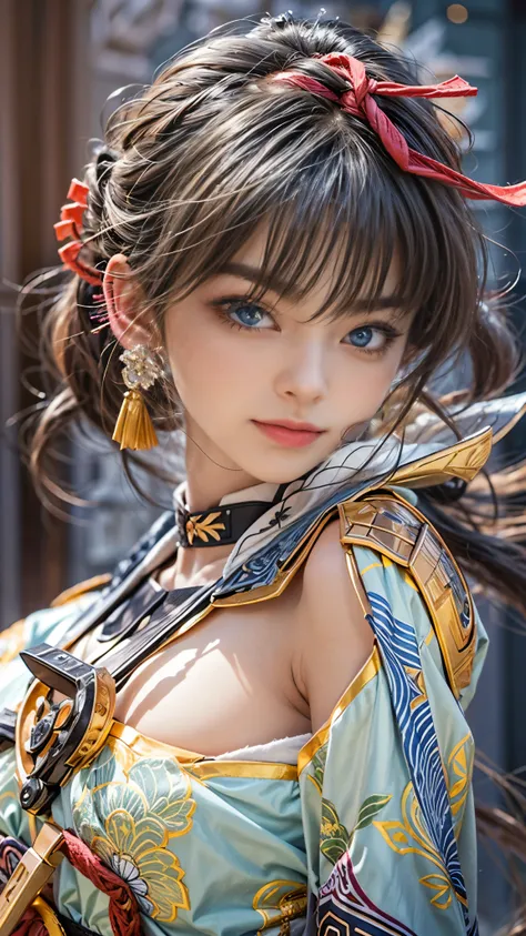 (RAW shooting, Photorealistic:1.5, 8k, Best Quality, masterpiece, Ultra-high resolution), Sengoku, Japanese buildings collapsing in the background:1.3, Wars flaring up everywhere:1.3,  perfect dynamic composition:1.2,  highly detailed skin and face texture...