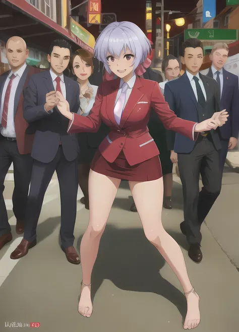 Best Quality,,8k,( beautiful asian hit woman ), ( silver hair twin tail 1 .8), (White skin), (Serious face),  red skirt suit 1 .5, (((Three-piece suit))), (((Dress shirt))), (((tie))), blazer,(Thigh 1.2,Large Breasts), ((( red suit jacket ))), Yukine Chris...
