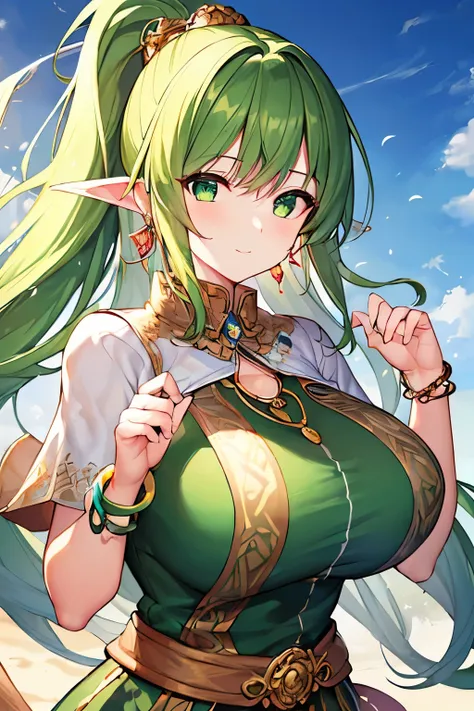 (4K、masterpiece、Best Quality、High image quality、Detailed light、Detailed Shadows、Detailed Design)、1 girl、Yellow-green hair、Long Hair、 ponytail、 Fantasy 、(Wind Spirit)、Green clothes、(Short sleeve)、collar、(Lavish decoration)、Wind Magic、Large Breasts、Big Breas...