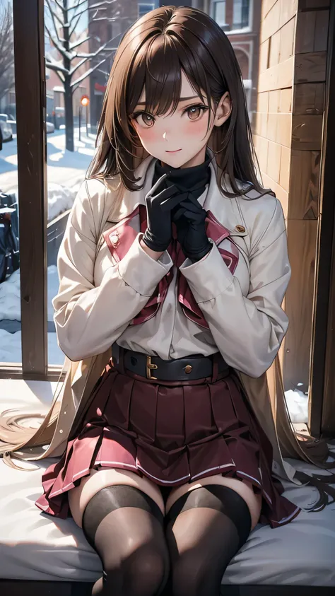 Adult women, Alone, sexy,8K resolution,((Best Quality)),Ultra-high resolution, ( embarrassed face), ( Brown Eyes ), A beautiful, symmetrical face, ( brown straight long hair),pink thick coat ,First Volume,gloves,Uniform skirt,Realistic:1.4,Realistic:1.4,(m...