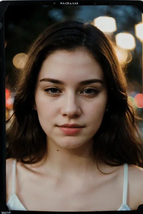 polaroid photo, night photo, face portait, closeup, 50mm lens, photo of 24 y.o beautiful woman, pale skin, bokeh, motion blur,