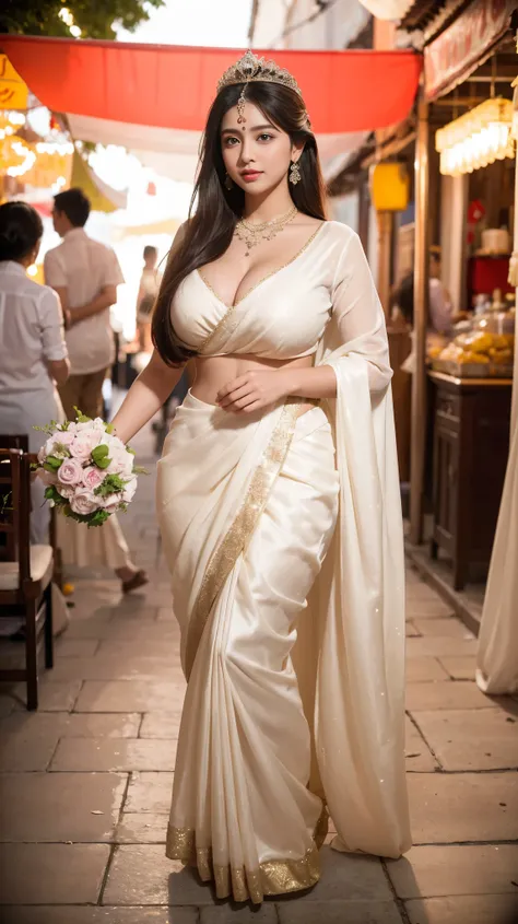 : A stunning Indian queen, pretty face, [Full Body], confidently embracing her curves, dressed in a gorgeous wedding golden saree(whithout error on down) that accentuates her voluptuous figure, Big very large huge breasts(very very very very very very very...