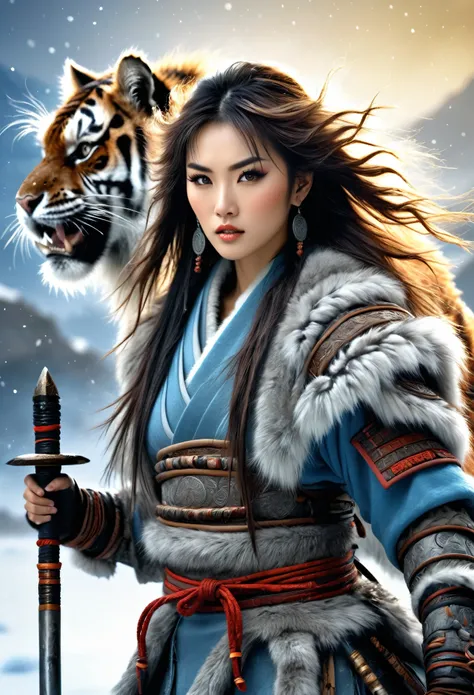 (best quality,4K,8 K, high resolution ,masterpiece:1.2),  extremely detailed  ,(Practical,photoPractical,photo-Practical:1.37), Thick fur winter coat , Creative fusion of traditional Chinese design patterns and modern elements,  dirty hair, intense express...