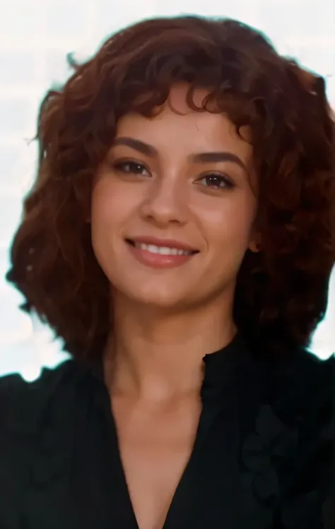 curly woman, spanish, black shirt, realistic