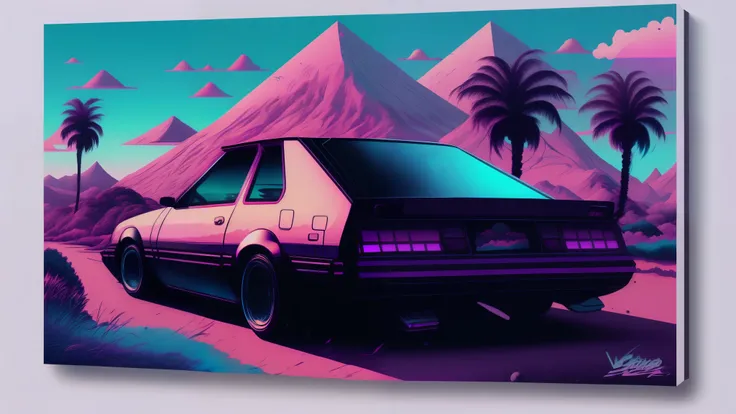 vaporwave style, car, hot girl, aesthetics, chill, grieves, ultra - detailed, Background with, The landscape, highly detailed, 8K,