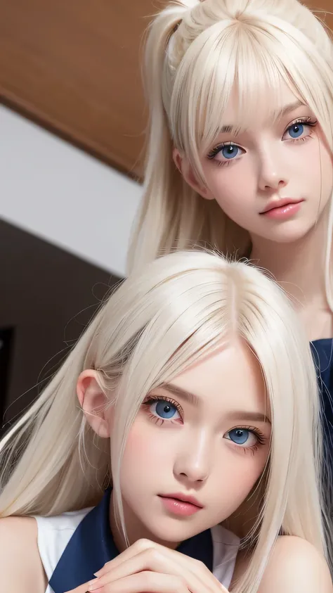 platinum blonde hair is super long, straight, stringy hair、Polate、School uniform、Bright expression、 ponytail、 young, white and shiny skin 、Great looks、Shiny bright hair、Shiny, beautiful bangs、double eyelid、Eyeliner、 clear, big blue eyes ,It shines with en...