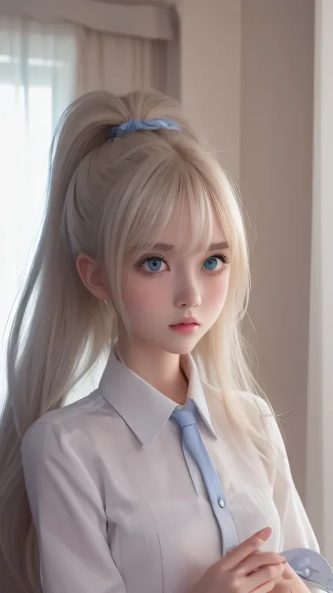 platinum blonde hair is super long, straight, stringy hair、Polate、School uniform、Bright expression、 ponytail、 young, white and shiny skin 、Great looks、Shiny bright hair、Shiny, beautiful bangs、double eyelid、Eyeliner、 clear, big blue eyes ,It shines with en...