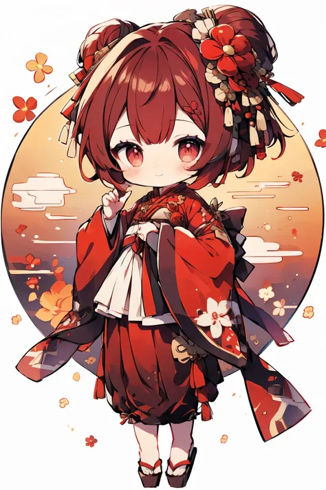 ((masterpiece)), accurate, textured skin, ((super detail)), high quality, high details, highres, best quality, chibi, 2 heads, deformed character, red hair, hair bun, Traditional Chinese clothing, Hanfu, floral costume, hairpin, red hair, hair bun, bright ...