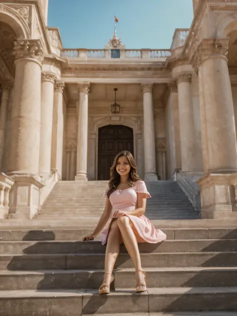 A movie scene of a woman sitting on a stair of a big palace, outside, wearing pink short skirt, and a man in short standing on top of stairs, smiling face, portrait, depth of field, low angle shot, sunny lighting, side lighting, hdr, 4k, 8k, 50mm, cinemati...