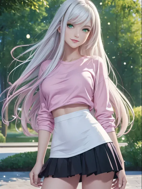 ((masterpiece)),((Best quality)), beautiful woman, white hair, long layered hair, (pastel colors), (detailed face), green eyes, red lips, smiling, pink t-shirt with black lines, fitted t-shirt,(perfect body), medium breasts, slim waist, white plain skirt, ...