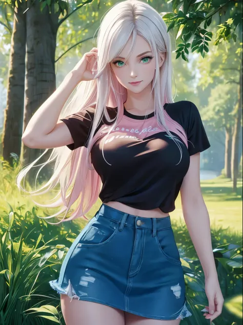 ((masterpiece)),((Best quality)), beautiful woman, white hair, long layered hair, (pastel colors), (detailed face), green eyes, red lips, smiling, pink t-shirt with black lines, fitted t-shirt,(perfect body), medium breasts, slim waist, white plain skirt, ...