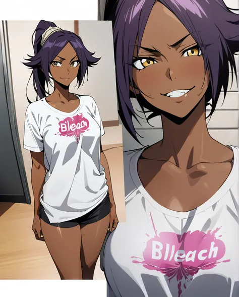 1girl, anime, illustration, Shihouin Yoruichi, Bleach, detailed face, purple hair, perfect yellow eyes, ((dark skin)), beautiful tshirt , smirk , masterpiece, 8k, top quality, fine pore, ultra detailed, (high skin detail:1.2), extremely detailed, sharp foc...