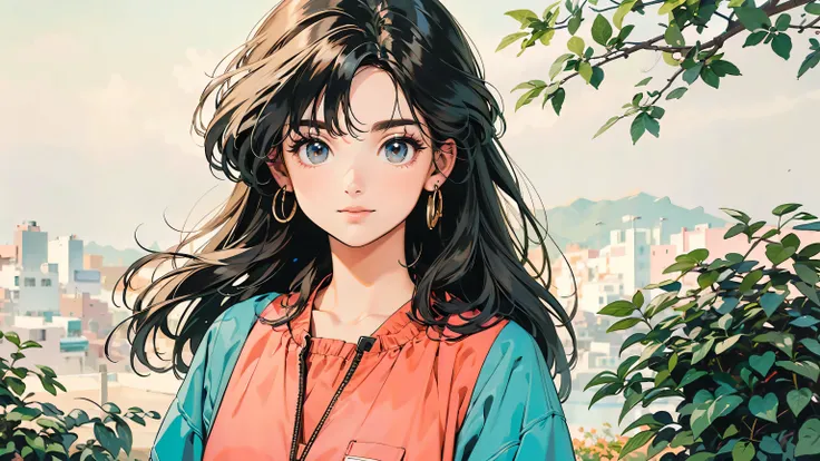 masterpiece, top quality, very detailed, absolute resolution, high resolution, Best quality, 8K, 1990s style, She is standing in nature during the fall season. She is looking straight at the camera with a big smile. There is an audio compact cassette tape ...