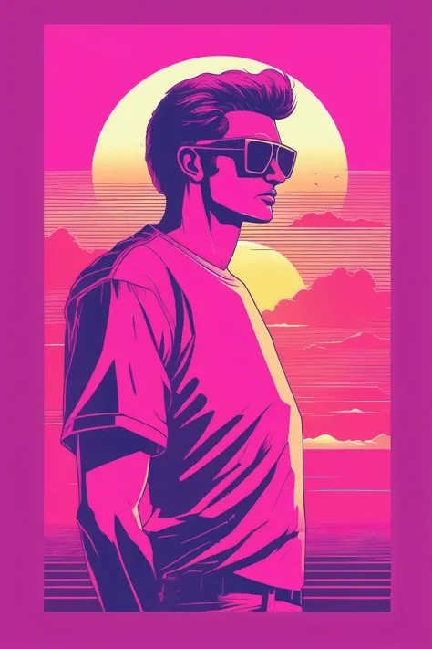 Synthwave T-shirt - T Shirt design graphic of a synthwave Man wearning sunglassess in front of a minimalistic sunset with a countour, white backround, comic style, T-shirt design, high quality, cyberpunk style created by PanzerSnail, high resolution, high ...