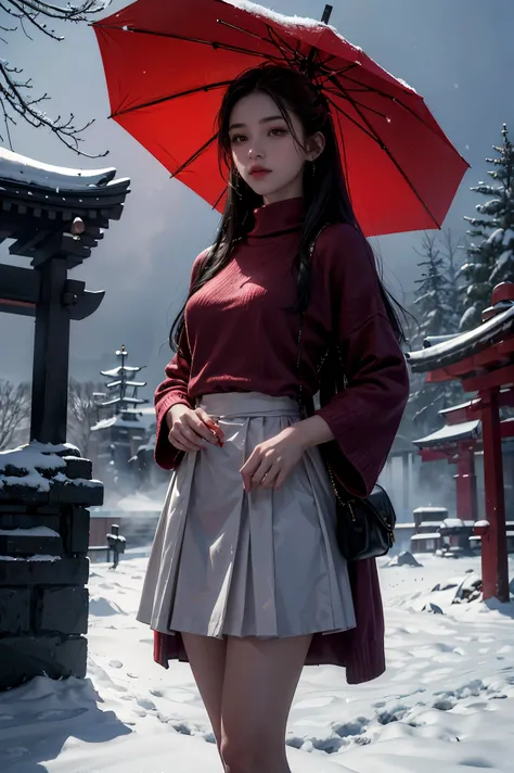 masterpiece, best quality, ultra-detailed, a young girl standing firmly with a red traditional umbrella in a snow-filled landscape, her posture is resolute, as if facing an unseen challenge, she wears a richly decorated red sweater and a white skirt, addin...