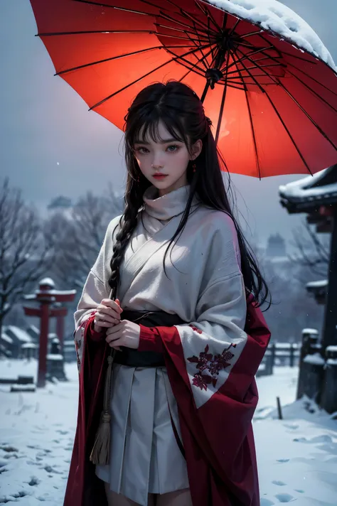 masterpiece, best quality, ultra-detailed, a young girl standing firmly with a red traditional umbrella in a snow-filled landscape, her posture is resolute, as if facing an unseen challenge, she wears a richly decorated red sweater and a white skirt, addin...