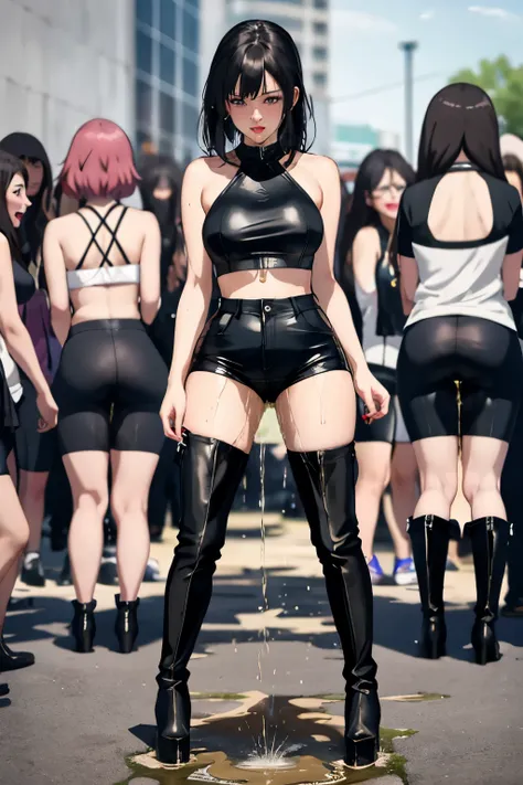 anime, best quality, high quality, highres, beautiful women, high detail, good lighting, lewd, hentai, (((bike shorts))), (leather halter top), (bare midriff), (((leather thigh high heel boots))), (wet shorts), (((wetting herself))), (((peeing herself))), ...