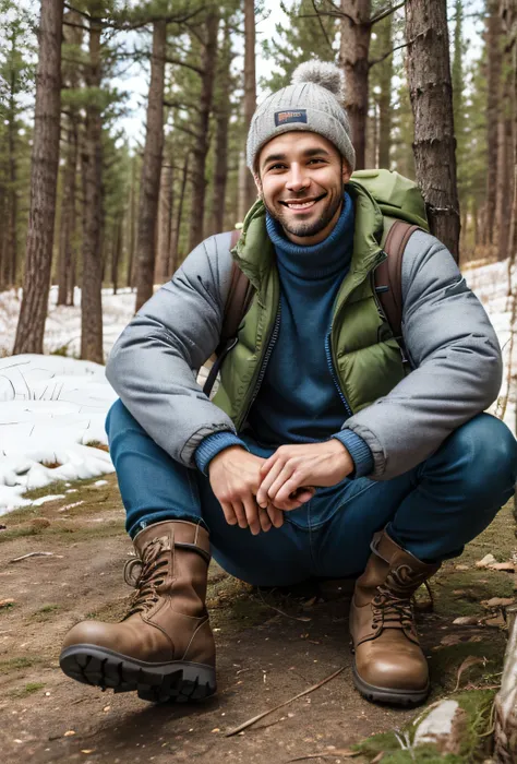 smiling man sitting on the ground in a winter jacket, hat and boots, warm hiking suit , winter, happy tourist in a jacket with a hiking backpack, sportswear