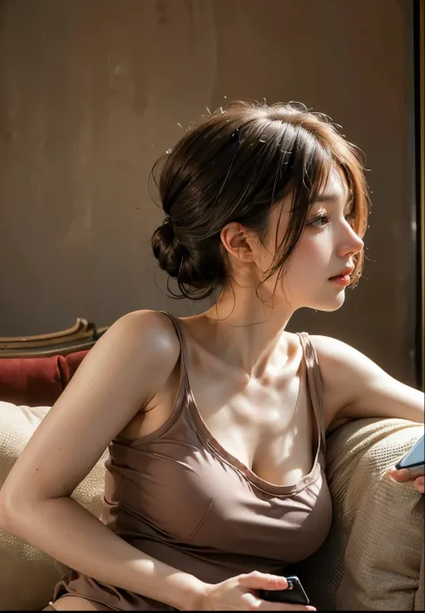  Ultra-high resolution，High resolution detail ，Realistic,(( profile portrait lying on sofa looking at smartphone:1.4)),22 years old,1 girl,Very high quality,8k,((Face Focus:1.2)),Thin waist,Thin legs,Beautiful fingers((Super Realistic image quality)),(((Ca...