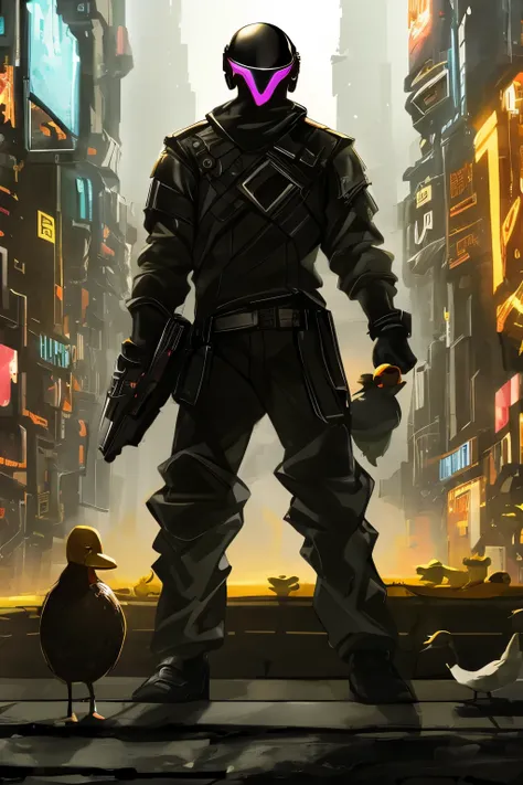 character, wearing black cloak,  pointed helmet ,  faceless helmet ,  holding a duck in his hand, cyberpunk style, with black ba...