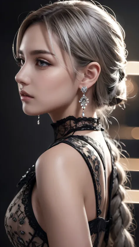 highly detailed, 8k, masterpiece, 1girl, Grey two-tone_hair, dress , , (perfect_face), ornate, intricate, dramatic lighting, 4k, detailed_background, caustics, portrait, , from_side  