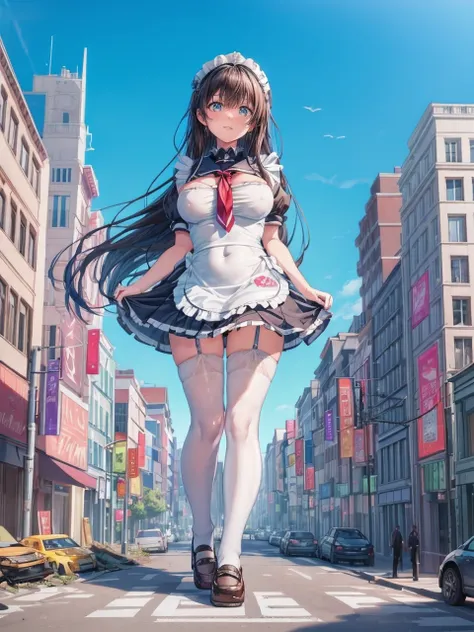 Blood stains scatter、Broken car、Traffic jams、 low angle camera 、High qualityHigh quality、8ｋ、Big Breasts、Plump thighs、Looking at the camera、Embarrassed、Sweat it out、 composition 　((Tall school girl))　(((Maid uniform)))、　Navy Blue Skirt　tie　(cloudy)　((灰色がかった...