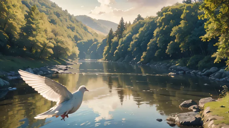 beautiful detailed white dove, flying over a serene river, 1st century AD, realistic, photorealistic, detailed landscape, lush foliage, detailed water reflections, dramatic lighting, cinematic composition, vibrant colors, golden hour, masterpiece, 8k, high...