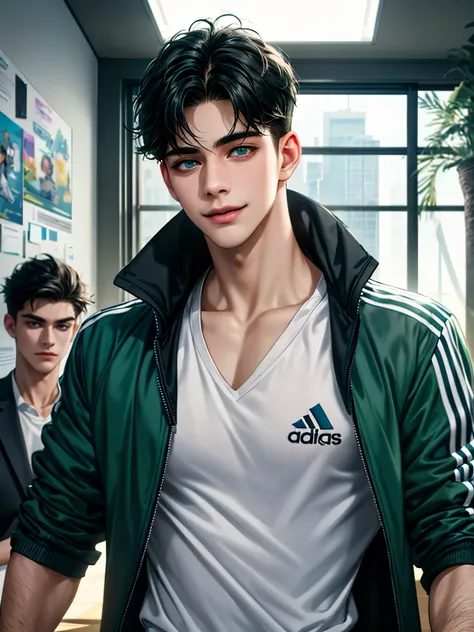 a handsome young man, 21 years old, black hair, badboy, short hair, blue eyes, ombros largos, masterpiece, absurd face, beautiful and detailed,  seductive smile ,  with dark green Adidas jacket , sunny environment during the day, in classroom 