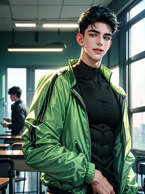 a handsome young man, 21 years old, black hair, badboy, short hair, blue eyes, ombros largos, masterpiece, absurd face, beautiful and detailed,  seductive smile ,  with dark green Adidas jacket , sunny environment during the day, in classroom 