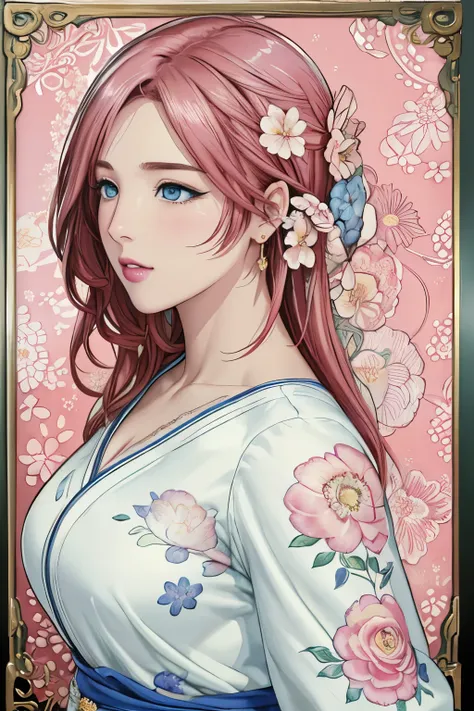 (​masterpiece、top-quality、top-quality、Official art、Beautifully Aesthetic:1.2)、blue eyes, (highest quality, masterpiece painting:1.3), immature woman, , (half body shot), masterpiece, ultra high resolution, (((Flower frame, A lot of flowers in the frame))),...