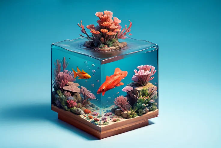 water cube, (1 girl、snorkeling)、ocean、coral reef、beautiful fish、classic、vintage、simple background、best quality、high image qualit...