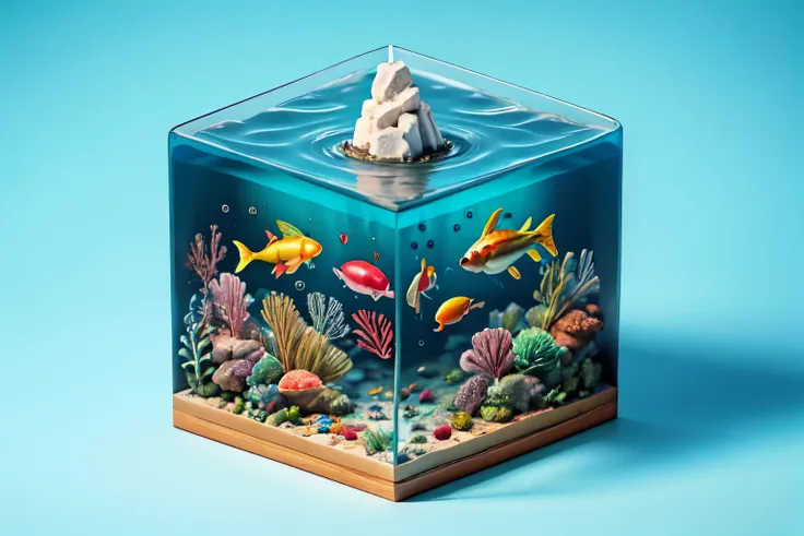 water cube, (1 girl、snorkeling)、ocean、coral reef、beautiful fish、classic、vintage、simple background、best quality、high image qualit...