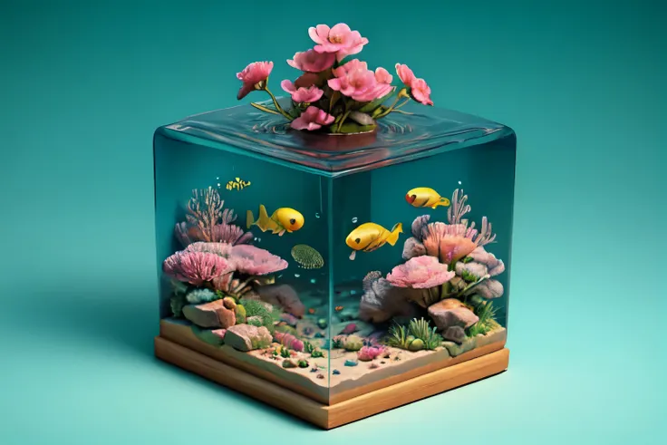 water cube, (1 girl、snorkeling)、ocean、coral reef、beautiful fish、classic、vintage、simple background、best quality、high image qualit...