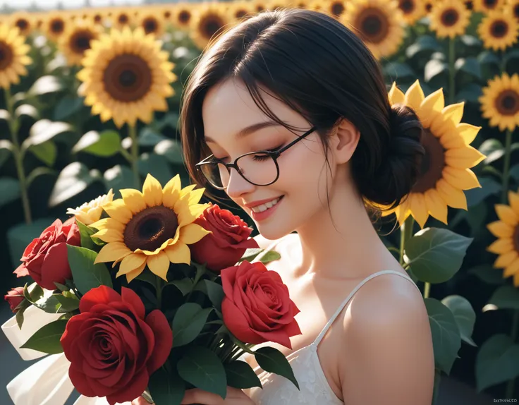 beautiful girl with glasses, long black hair, bouquet of sunflowers and red roses, vibrant colors, smile, 8k quality, cinematic ...