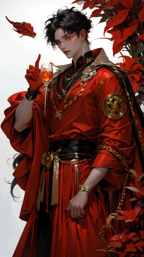 Southeast Asian mullet man, glasses, possess by the devil, half human, god aura, unique design, Solo, 1boy, Long Hair, chain, red and black eyes, fullbody, menacing, surrounded by aura, fog, black and blue color,