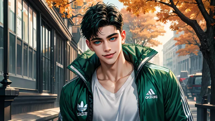 a handsome young man, 21 years old, black hair, badboy, short hair, blue eyes, ombros largos, masterpiece, absurd face, beautiful and detailed, smiling,  with dark green Adidas jacket , Autumn atmosphere during the day,  