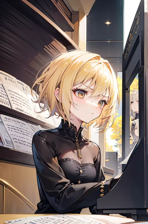 Height: 154cm,18 years old, blonde short,Golden Eyes,Slanted Eyes,slim,beautiful girl,Small breasts, piano recital in the piano class, angry ,Tsundere character, anatomically correct, Attention to Details,Super detailed,Ultra-high resolution, textured skin...