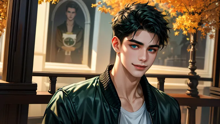 a handsome young man, 21 years old, black hair, badboy, short hair, blue eyes, ombros largos, masterpiece, absurd face, beautiful and detailed, smiling,  with dark green Adidas jacket , Autumn atmosphere during the day,  