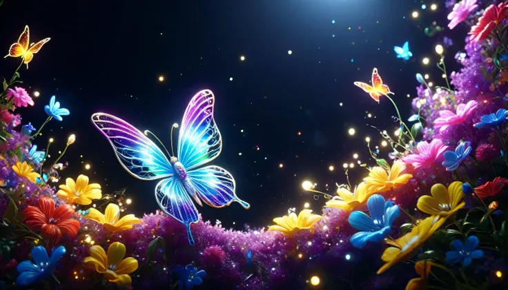  butterfly flapping its wings in the dark々Shine、Beautiful as a dream、It touches my heart..,butterfly々:Rainbow-colored:Seven Colors:Illumination:Shine,Dark Background,flash,Very flash,masterpiece,Masterpiece,Best Composition,Beautiful sight,Dreamy,Gently Sh...