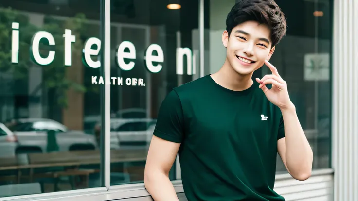 20-year-old male　background　green　Black T-shirt　smile